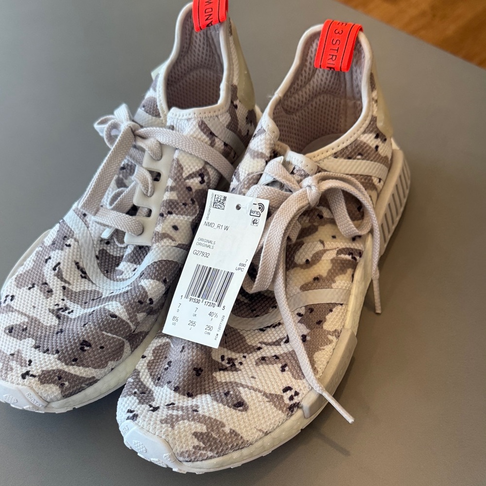 adidas Originals Women's Neutral Camo Knit NMD R1 Sneakers with Red Pull Tabs